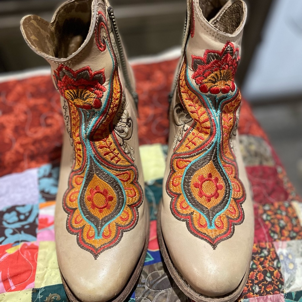 Corral Beige Ankle Boots with Red, Orange & Turquoise Embroidery